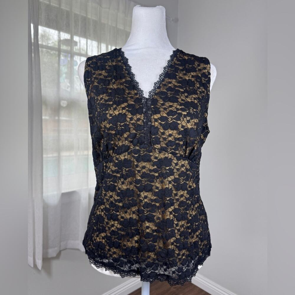 Vintage ‘00s Kathleen Kirkwood Black Lace Sleeveless Lined V-Neck Blouse